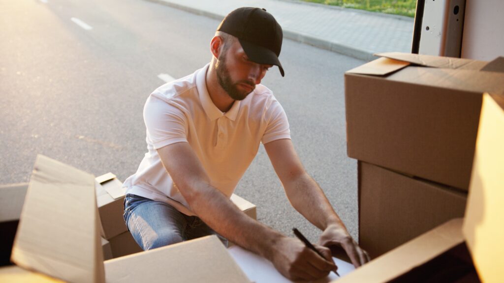 Delivery driver completing parcel checks before starting a delivery route
