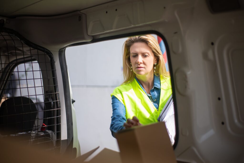 Professional delivery driver preparing parcels for customer deliveries
